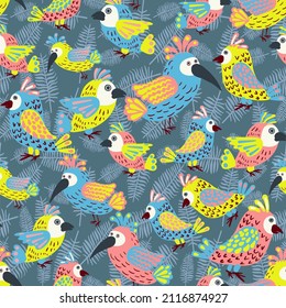 Vector seamless pattern with parrots. Cute stylized birds. blank for printing on fabrics and paper for children