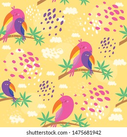 vector seamless pattern with parrots, mom and baby sit on a branch of an exotic tree