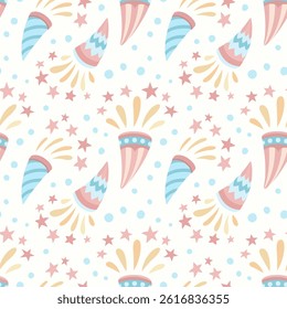 Vector seamless pattern with party poppers, confetti, and stars on a light background