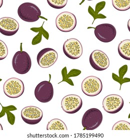 Vector seamless pattern with passion fruit. Beautiful exotic fruits for decoration, fabric, textile, wrapping paper and other decoration design. Vector illustration in trendy hand drawn. Maracuja.