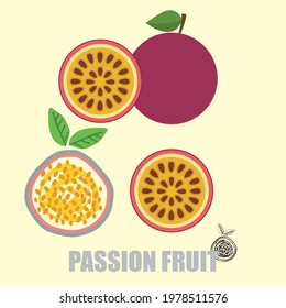 Vector Seamless pattern with Passion Fruit. Passion fruit In section vector flat material design. Cute passion fruit seamless pattern. Ripe passion fruit, lobules and seeds on white background.