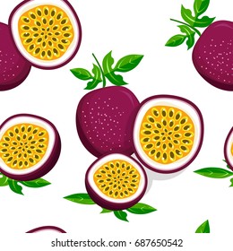 Vector seamless pattern with passion fruit. Beautiful exotic fruits for decoration, fabric, textile, wrapping paper and other decoration design. Vector illustration in trendy hand drawn style.	