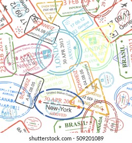Vector seamless pattern with passport visa stamps. Travel illustration