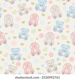 Vector seamless pattern pastel baby design with blue teddy bears, pink rabbits and hearts, stars and flowers. Perfect for baby shower invitation, wall paper, wrapping baby and packaging.