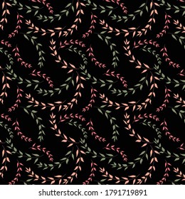 Patrón de vectores sin fisuras con hojas de rama pastel aisladas en negro. Diseño para textiles, tela, impresión, embalaje, rayado, papel pintado, tarjeta, 