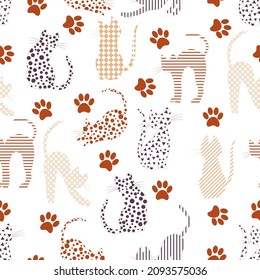 Vector seamless pattern with pastel brown and beige colors on a white isolated background. Silhouettes of cats in various poses are painted over with various geometric patterns. 