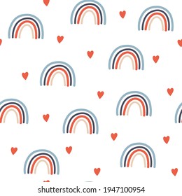 Vector seamless pattern of pastel color blue and red. Rainbow and heart pattern for textile. Digital paper with rainbow. 