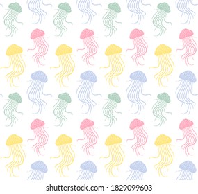 Vector seamless pattern of pastel colored hand drawn doodle sketch jelly fish isolated on white background