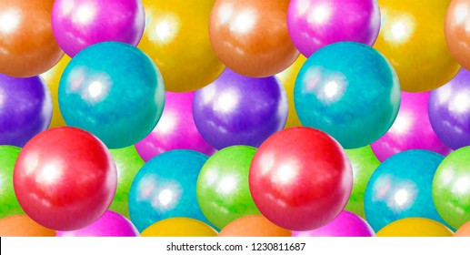 Vector Seamless Pattern, Pastel Colores Balls Background, Children Toys, Dragee Sweets, Plastic Spheres, Realistic Illustration.