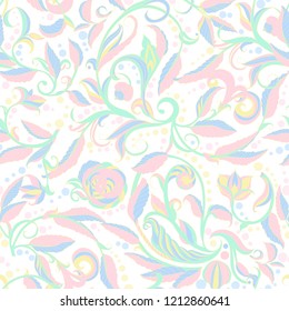 Vector seamless pattern in pastel colors with flowers and leaves.