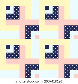 Vector seamless pattern with pastel colors geometry. Geometric shapes, rectangles, squares, polka dots in gentle tones yellow Jasmine, pink combined with dark blue navy . Modern design background