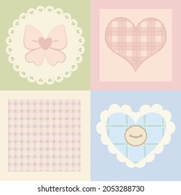 Vector seamless pattern of pastel colors - multicolored squares with various patterns: a bow in a lace frame, a heart with ruffles and a button, a checkered heart, a square with a checkered pattern.