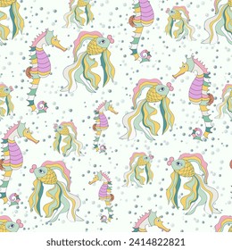 Vector seamless pattern in pastel colors. Seamless pattern with goldfish, seahorses. Underwater world.