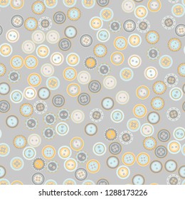 Vector seamless pattern. Pastel delicate colors with different shades on gray. Cute cartoon illustration of scattered buttons. Design for textile, wrapping, greetings cards, any backgrounds etc.