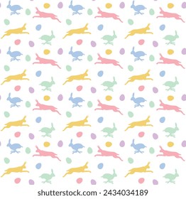 Vector seamless pattern of pastel Easter bunny silhouette and eggs isolated on white background