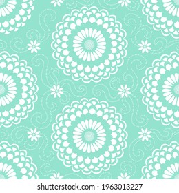 Vector seamless pattern with pastel floral ornament. Vintage design element in Eastern style. Ornamental lace tracery. Ornate floral decor for wallpaper. Traditional Arabic decor on a mint background.