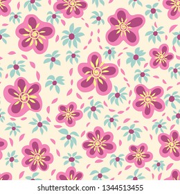Vector seamless pattern with pastel flowers on a cream background. Great for fabrics, wrapping paper, cards, invitations.