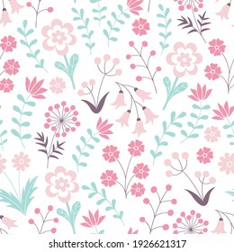 Vector seamless pattern with pastel flowers on a white background. Delicate pink color of the pattern.
