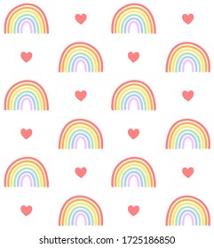 Vector seamless pattern of pastel hand drawn doodle sketch lgbt rainbow flag and heart isolated on white background