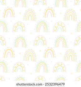 Vector seamless pattern of pastel hand-drawn rainbows and hearts isolated on white background. Seamless patterns for children's fabric or wallpaper. Pastel rainbows with hearts.