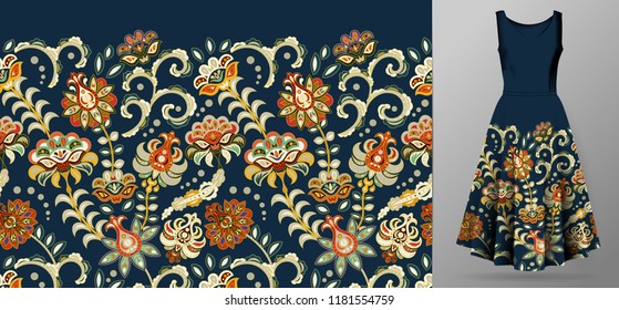 Vector seamless pattern with pastel orange flowers ornament on dark blue background, hand drawn texture for clothes, bedclothes, invitation, card design etc.