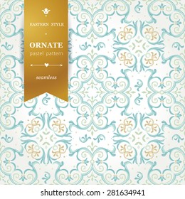 Vector seamless pattern with pastel ornament. Vintage element for design in Eastern style. Ornamental lace tracery. Ornate floral decor for wallpaper. Endless texture. Pastel pattern fill.