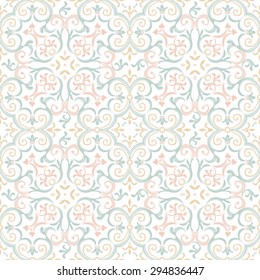 Vector seamless pattern with pastel ornament. Vintage element for design in Eastern style. Ornamental lace tracery. Ornate floral decor for wallpaper. Endless texture. Pink pattern fill.