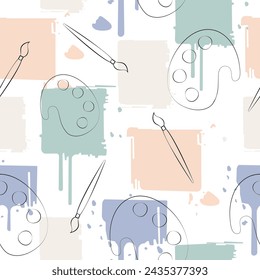 Vector seamless pattern with pastel paint strokes, hand-drawn brushes and a painting palette.