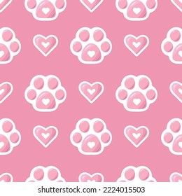 Vector seamless pattern pastel pink paw with heart. Pattern of animals paw repeat background, cat paw, dog paw. Pattern for zoo, children, pet shop, textile, grooming salon