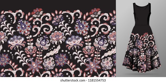 Vector seamless pattern with pastel pastel pnk flowers ornament on black background, hand drawn texture for clothes, bedclothes, invitation, card design etc.