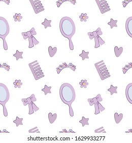 Vector seamless pattern with pastel purple mirror, bow, star and other objects, with dark edging objects isolated on white background.
