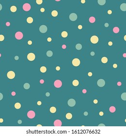 Vector seamless pattern pastel rainbow with purple, pink, yellow polka dots and green background. Perfect for fabric, scrapbooking, wallpaper projects.