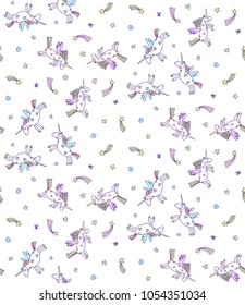 Vector seamless pattern of pastel unicorns on white background. Cartoon unicorn texture
