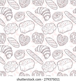 Vector Seamless Pattern With Pastry And Bread. Hand Drawn Vector Illustration.