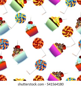 Vector seamless pattern. Pastry, cute cupcakes, lollipops. White background. Can use them for your design, in prints, card making, blogs, website, postcards or even for printing on fabrics.