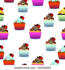 Vector seamless pattern. Pastry, cute cupcakes, lollipops. White background. Can use them for your design, in prints, card making, blogs, website, postcards or even for printing on fabrics.