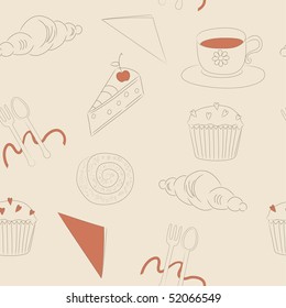 Vector seamless pattern with pastry and tea