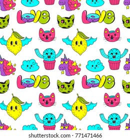Vector seamless pattern with patch in doodle style design. Kawaii doodle characters. Isolated illustrations - great for wallpaper, wrapping paper, web page design.