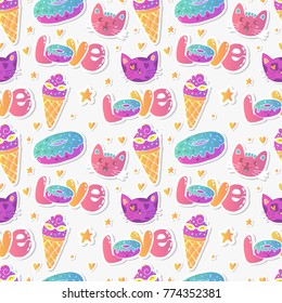 Vector seamless pattern with patch in doodle style design. Kawaii doodle characters. Isolated illustrations - great for wallpaper, wrapping paper, web page design. Cats, donuts and ice cream.