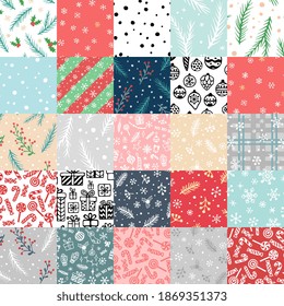 Vector seamless pattern in patchwork style with hand drawn Christmas elements. Cute design for wrappings, textile and backgrounds
