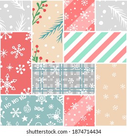 Vector seamless pattern in patchwork style with hand drawn Christmas elements. Cute design for wrappings, textile and backgrounds