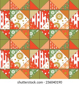 Vector seamless pattern in patchwork style  with the image of abstract flowers, hearts,polka dots, the cell, striped, plain,lines.Red,green,brown,beige,apricot, white.