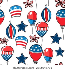 Vector seamless pattern of patriotic balloons and stars on a white background. Patriotic balloons and stars on a white background.