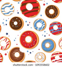 Vector seamless pattern with patriotic donuts. National colors of the United States. American flag, stars and stripes. Use for celebration of independence day, party decoration, surface texture. 