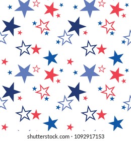 Vector Seamless Pattern With Patriotic Stars. National Colors Of The United States. American Flag, Stars And Stripes. Use For Celebration Of Independence Day, Party Decoration, Surface Texture. 