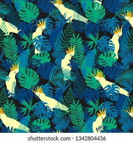 Vector seamless pattern, pattor, cockatoo, exotic birds, tropical flowers, palm leaves, bird of paradise