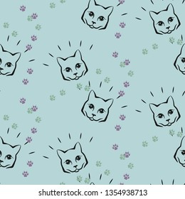Vector seamless pattern with paw footprints, cat's heads and fish. Cute hand drawn steps and snouts drawn with watercolors. Bright texture for consumer industry design