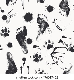 Vector seamless pattern with paw and human footprints, paint stains and blots. Cute steps drawn with watercolors. Monochrome texture for consumer industry design