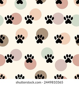 Vector seamless pattern paw pet , dog or cat footprint texture, animal background. Polka dot. Can be used in textile industry, paper, background, scrapbooking.Vector.