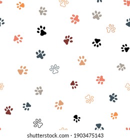 Vector seamless pattern with paw prints on white background. Cute illustration for fabric, textile, background, wallpaper